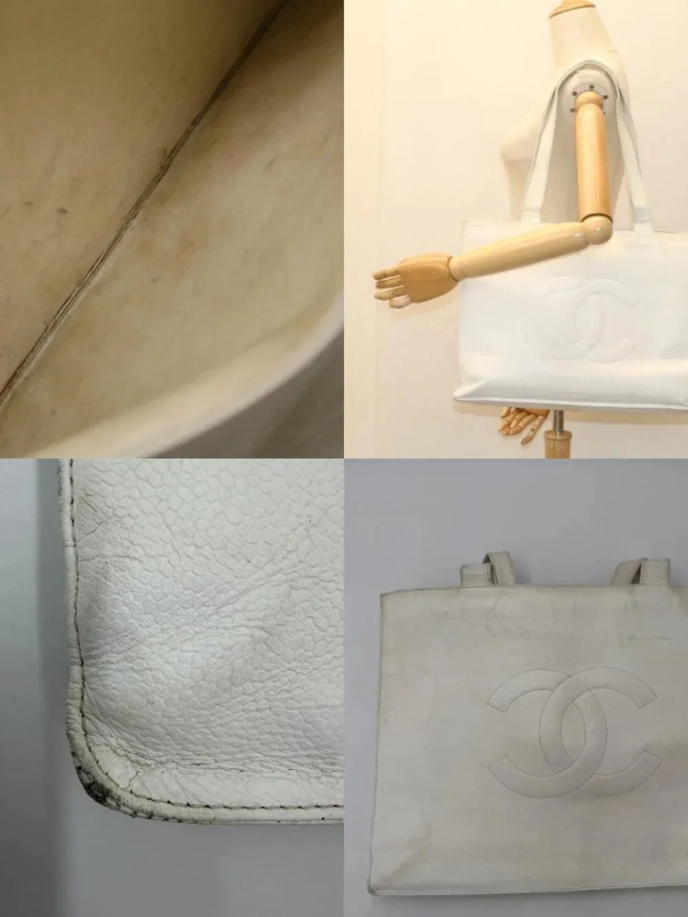 CHANEL Tote Bag Grained Calf Skin White CC Auth bs8320